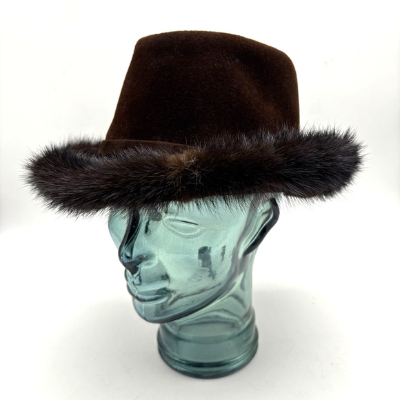 1930s The Emporium California Union Made Brown Felt w/ Mink Fur Trim Hat ~21" - Picture 1 of 14